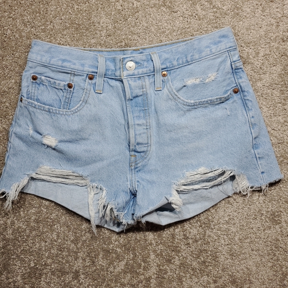Levi 501 Light Blue Distressed Denim Shorts Size 28
